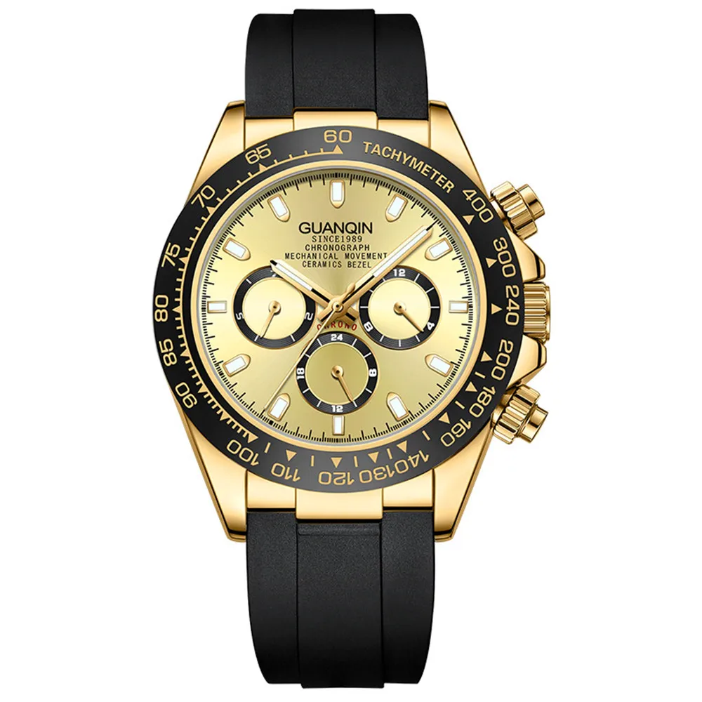GUANQIN Men's Luxury Watch 100M Water Resistant Sapphire Crystal Luminous Automatic Mechanical Steel Wristwatch with Rubber Band