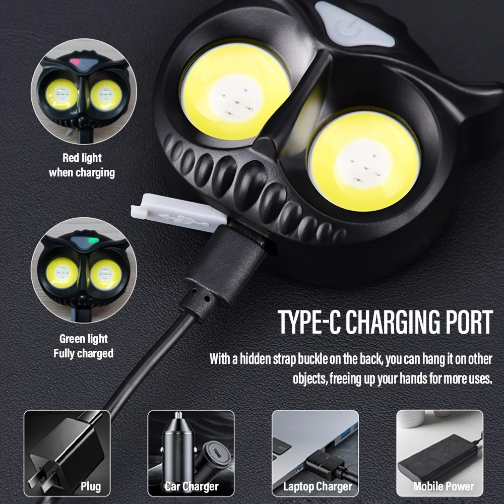 COB Owl Headlamp USB Rechargeable Headlight Waterproof Head Lamp 5 Working Modes Magnetic Rear with Hook Tent Hanging Lamp