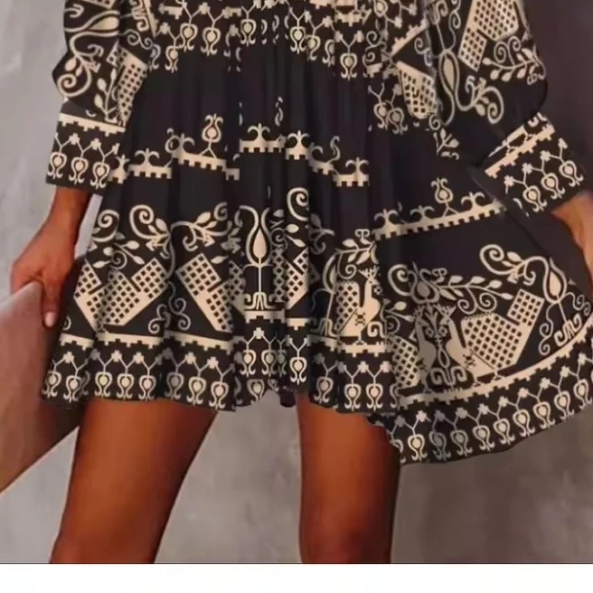 Neue Damen Frühling lose V-Ausschnitt Ganzkörper gedruckt Mode Kurzrock Pullover Langarm Kleid Bodycon Kleid Sommerkleid