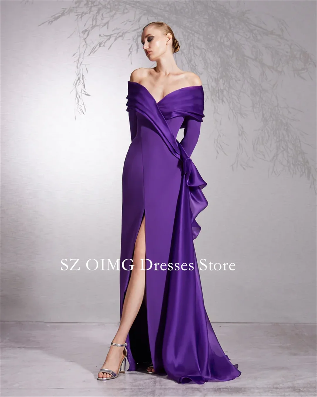 

OIMG Saudi Arabia Prom Dresses Purple Off The Shoulder Organza Back Bow Dress Evening Dress Formal Women Wedding Party Gowns