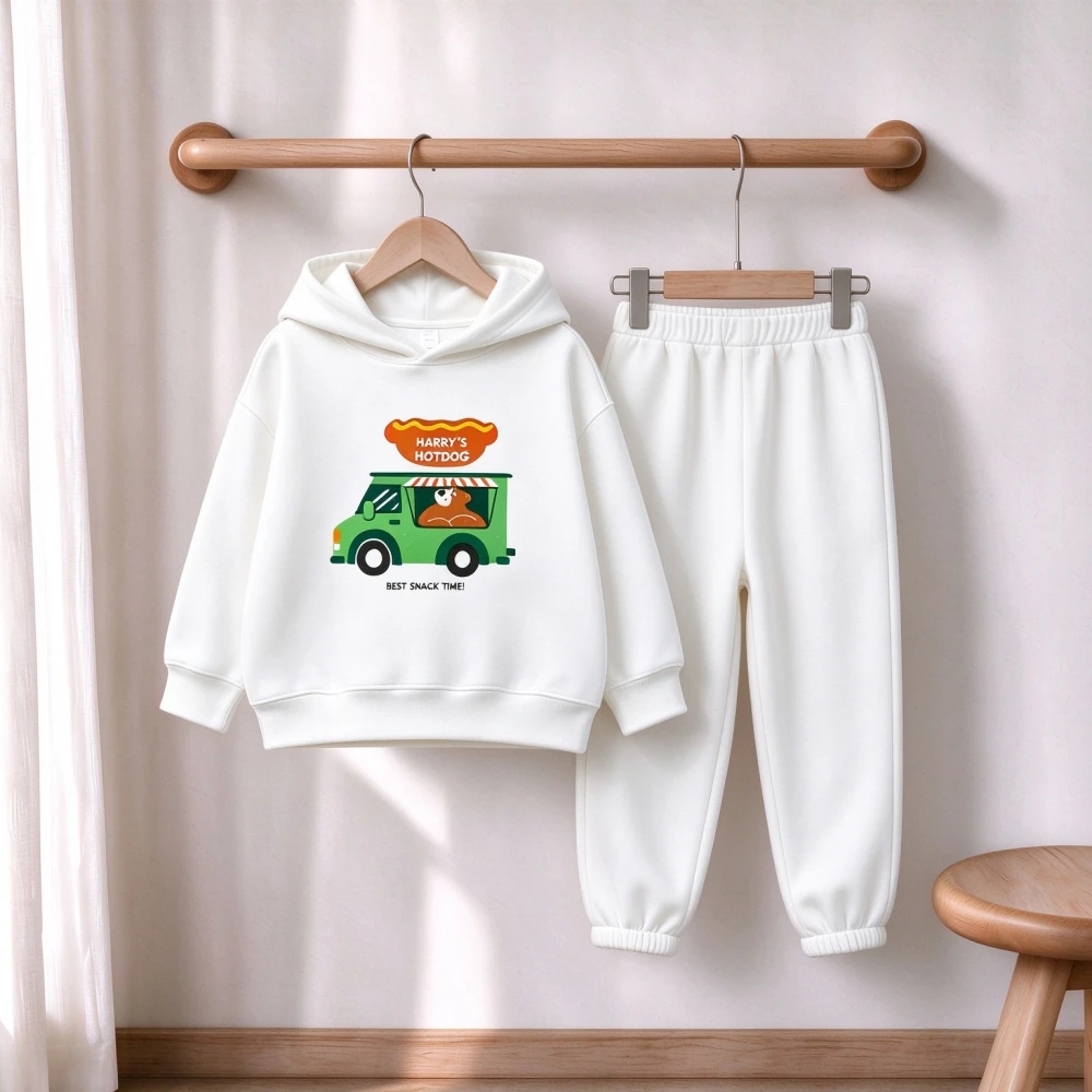Boys Girls Tracksuit 2026 New Apple Car Skater Print Long Sleeve Pullover Hoodie Set Crew Neck Sport Outfit Autumn Casual Loose