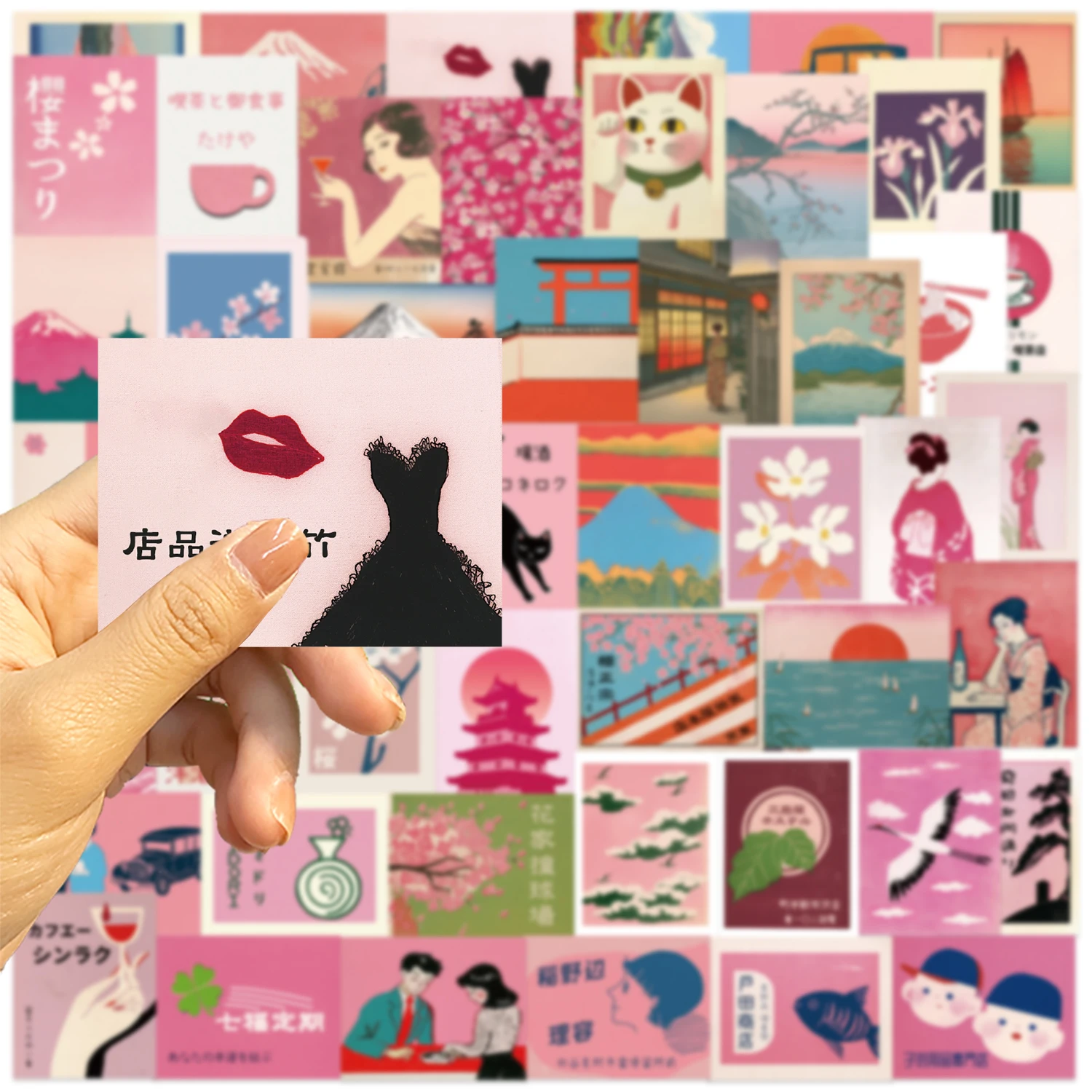 50 szt. Różowe Naklejki w Japońskim Stylu Retro, Naklejki Winylowe na Laptopy, Butelki na Wodę, Telefony, Gitary, Żywe Wzory