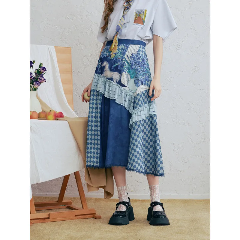 

Van Gogh-inspired summer ruffle trim patchwork plaid midi skirt