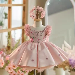 Pink Fluffy Layered Long Sleeved Single Shoulder Sequin Flower Girl Dress Wedding Cute Flower Child Communion Party Dress