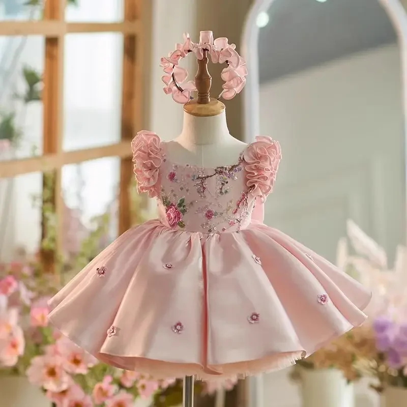 Pink Fluffy Layered Long Sleeved Single Shoulder Sequin Flower Girl Dress Wedding Cute Flower Child Communion Party Dress