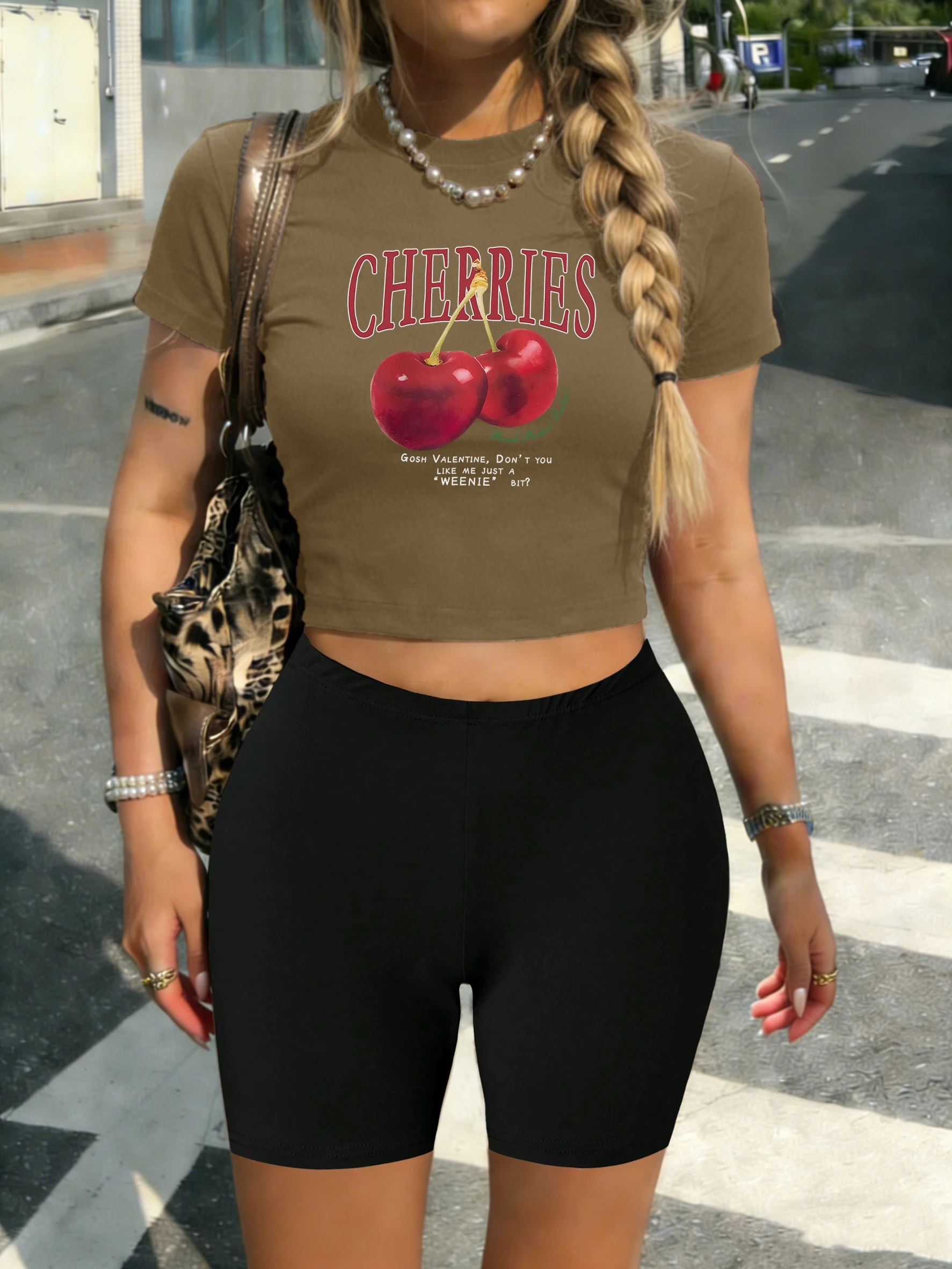 

Cherry And Letter Pattern Prints Women Tight T-Shirt Sets Fashion Casual Crop Top Hip Hop Elastic Pants Soft Slim Short Set