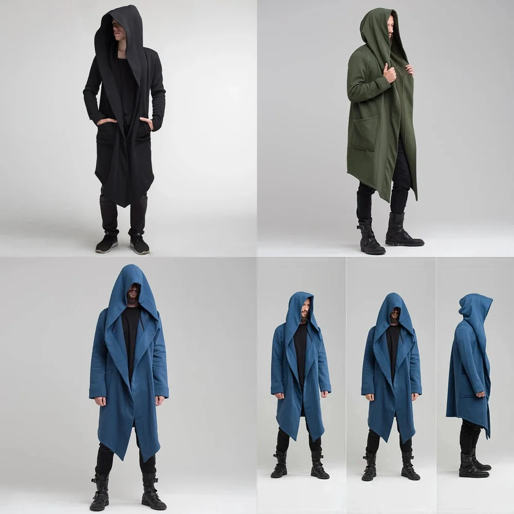 

2025 Men's Trench Coat Hooded Windbreaker Solid Color Fleece Lined Jacket Streetwear Fashion Leisure Outerwear Vintage Style