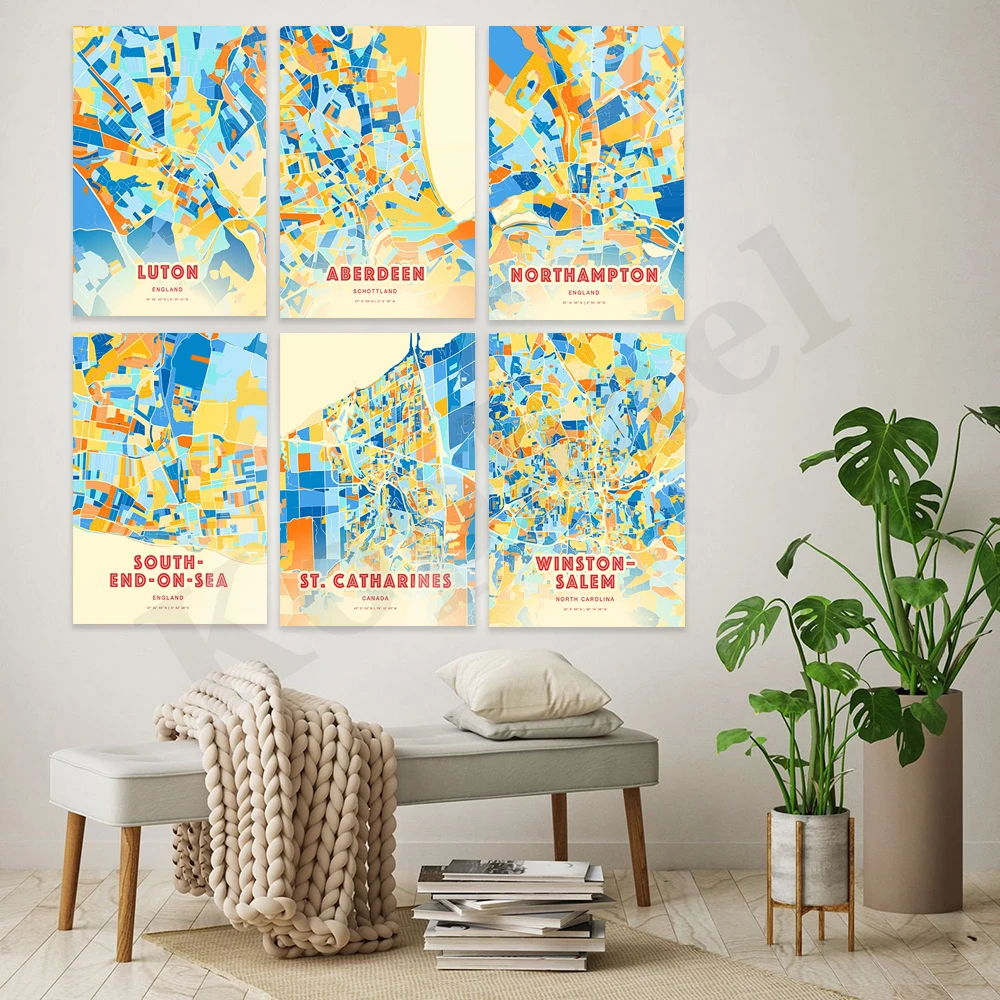 إدمونتون ساوث سيز أورورا بورياليس نيوارك نورثامبتون أبردين وارنجتون سانتا آنا لوتون بليموث. ملصق خريطة ألوان المدينة