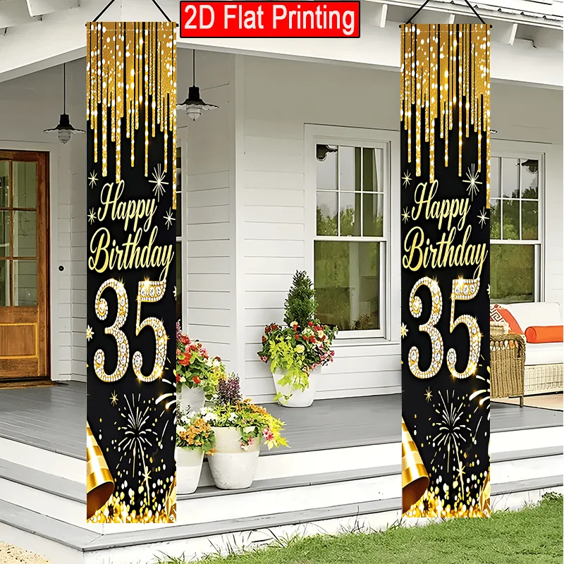 2D Flaches 2er-Pack Happy Birthday Banner mit Schwarz-Gold-Fransen für die Feier des 35. Geburtstags, geeignet für den Außenbereich – Detail 3
