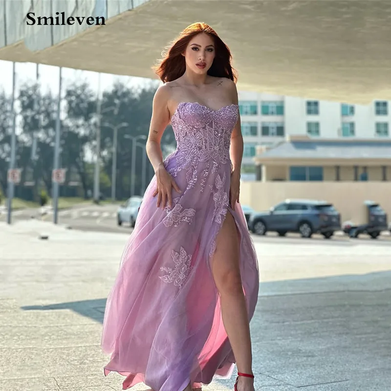 

Smileven Puff Tulle A Line Prom Dress Side Split Beading Lace Formal Evening Gowns Sweetheart Neck Party Gowns Customized
