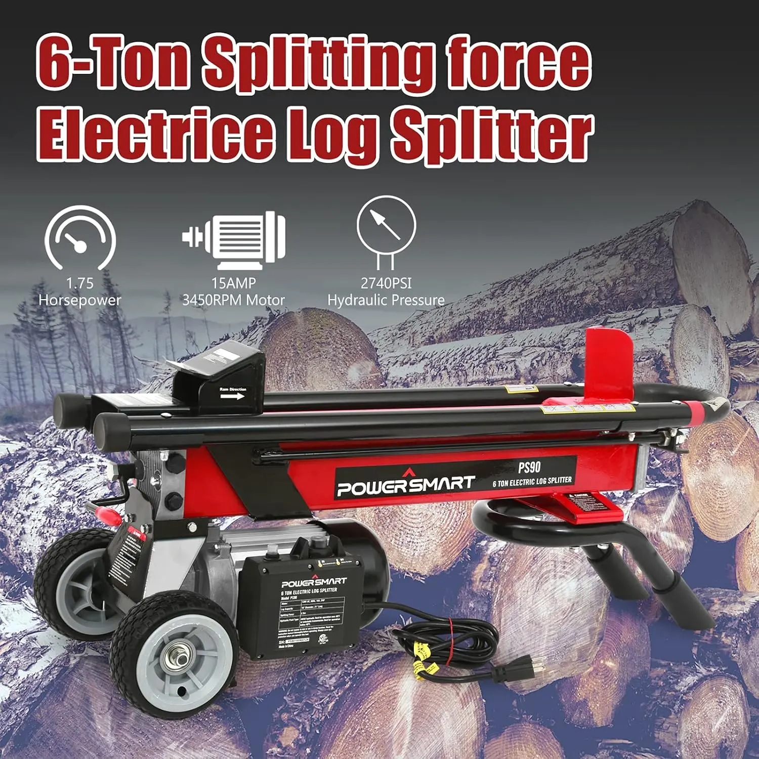 Log Splitter Electric, 6-Ton Hydraulic Log Splitter, 15 Amp Electric Log Splitter, Electric Wood Splitter, Horizontal