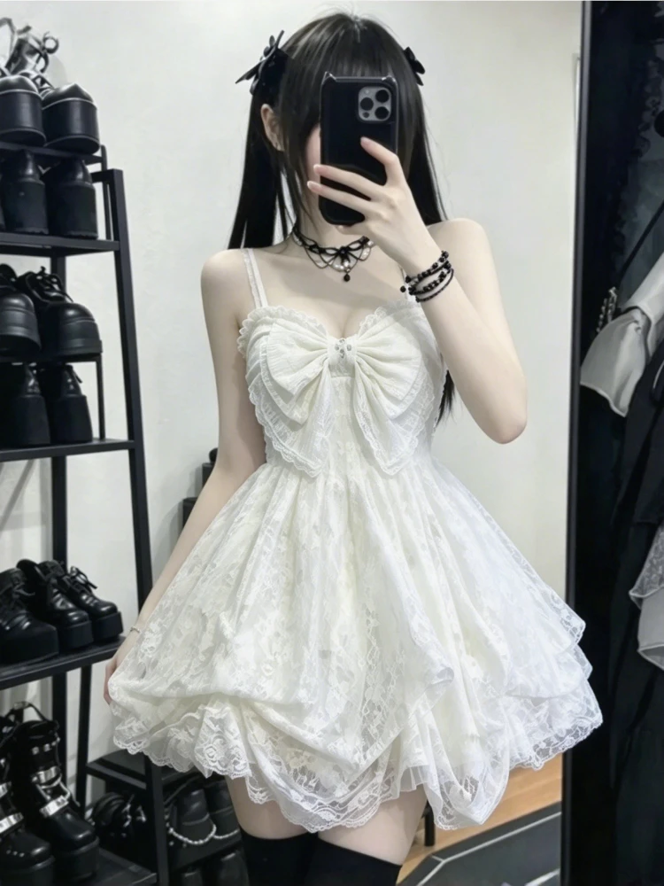 2026 Vintage Japanisches Süßes Kawaii Lolita Kleid Damen Spitze Schleife Rüschen Kuchenkleid Harajuku Y2k Schlankes Bandage-Kleid Sommer Mode