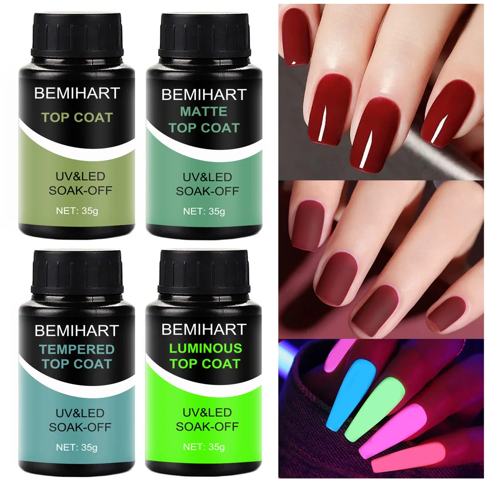 BEMIHART No Wipe Top Coat Nail Polish Transparent Matte Glossy Tempered Luminous Topcoat Soak Off Functional Gel UV Varnishes