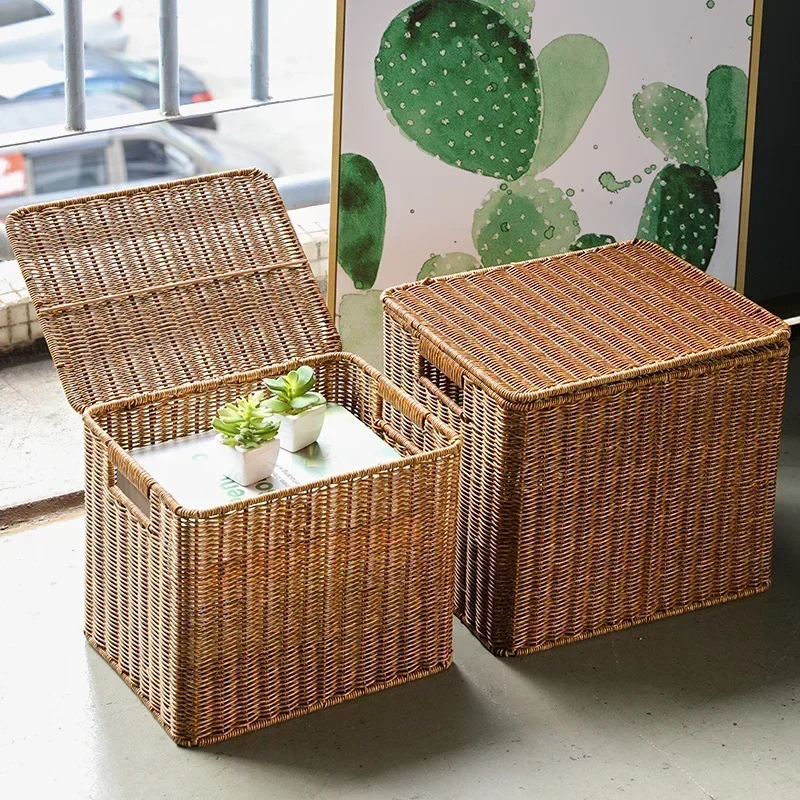 Large Storage Boxes with Cover, Cane Woven Laundry Basket, Breathable Clothes Storage Case, Natural Simple Organizer image 2