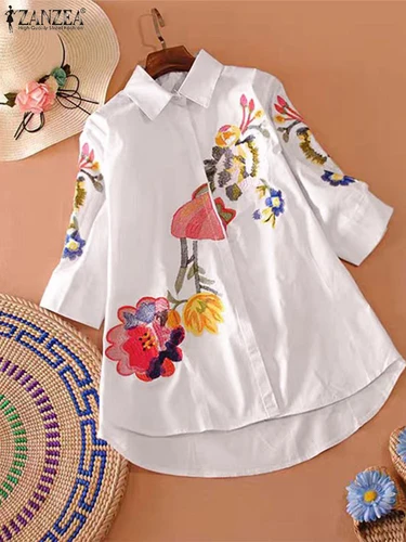 Imagen 2 del producto ZANZEA, Blusas con estampado Floral para mujer, camisas Vintage de manga larga, Tops informales holgados con cuello de solapa, Blusas para ir al trabajo de otoño 2025