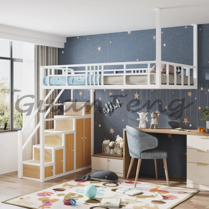 Loft multifunctional wrought iron hammock space-saving semi-floor apartment elevated loft student dormitory cabinet ladder bed