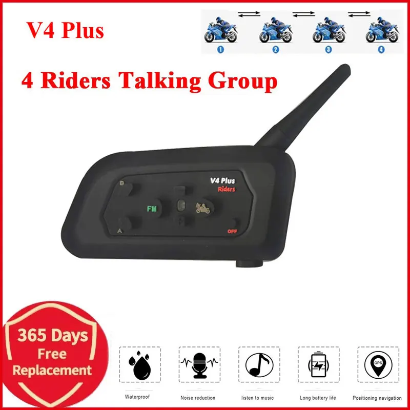 V4 Plus 1200M Bluetooth Headset 4 Riders Bikers Skiers FM Waterproof Interphone Motorcycle Helmet Intercom