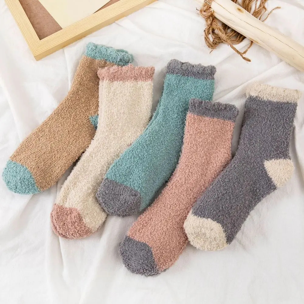 

5Pairs Solid Color Thickened Coral Fleece Socks Patchwork Winter Floor Plush Socks Simple Hosiery Warm Boat Socks Women Autumn