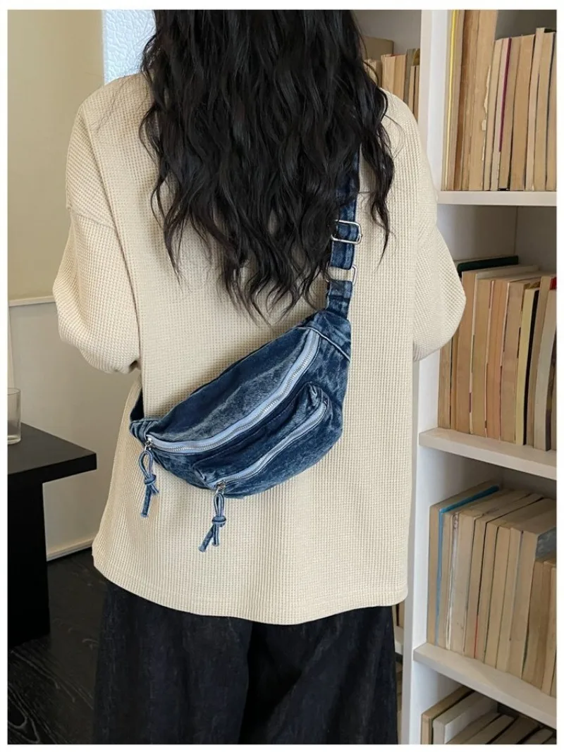 Damen Vintage Washed Denim Tasche mit Mehreren Taschen, Verstellbarer Riemen Crossbody Gürteltasche für Tägliche Aufgaben und Outdoor-Aktivitäten – Detail 14