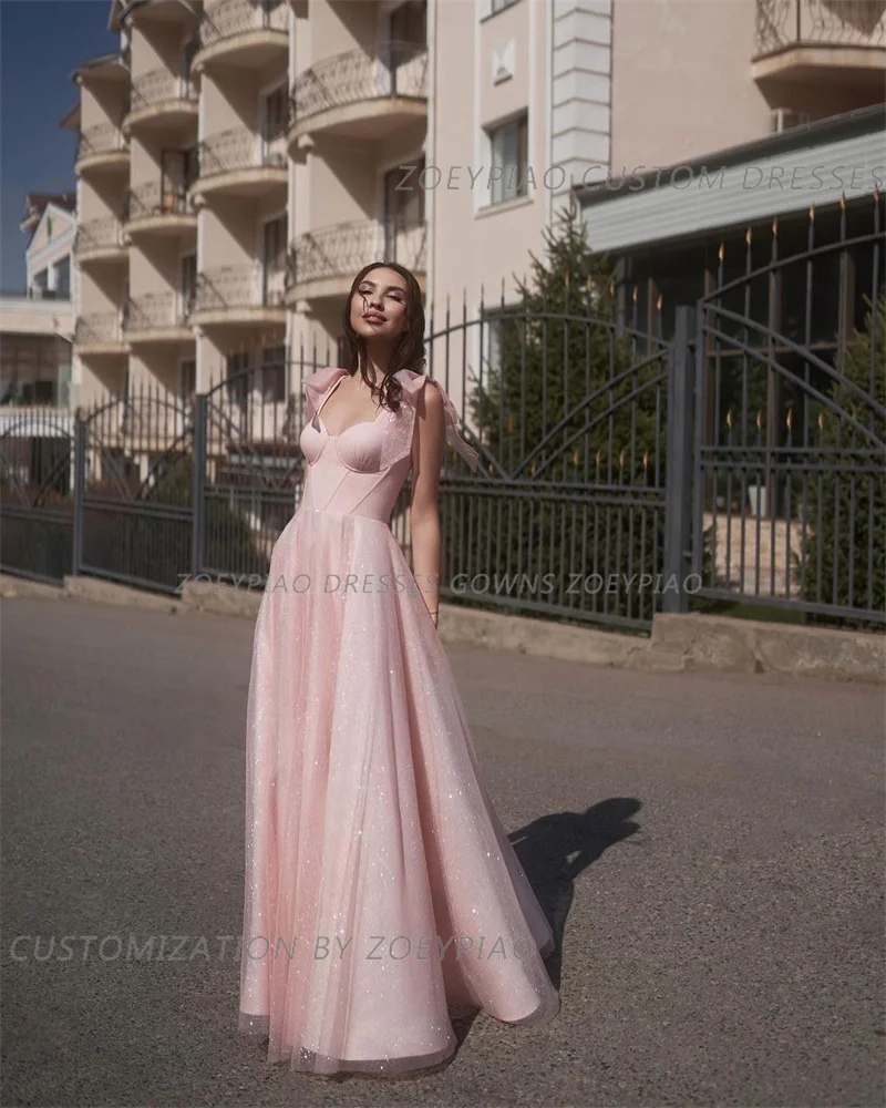 Fairy Pink Shiny Glitter Long Formal Prom Dresses A Line Sparkly Floor Length Pleat Women Party Gowns Special Evening Dress