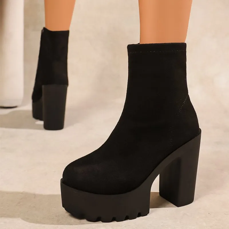 Fashion 2026 Women Autumn/winter Waterproof Platform Thick Heel Super High Heels Women's Boots Suede Warm Short Boots Low Botas