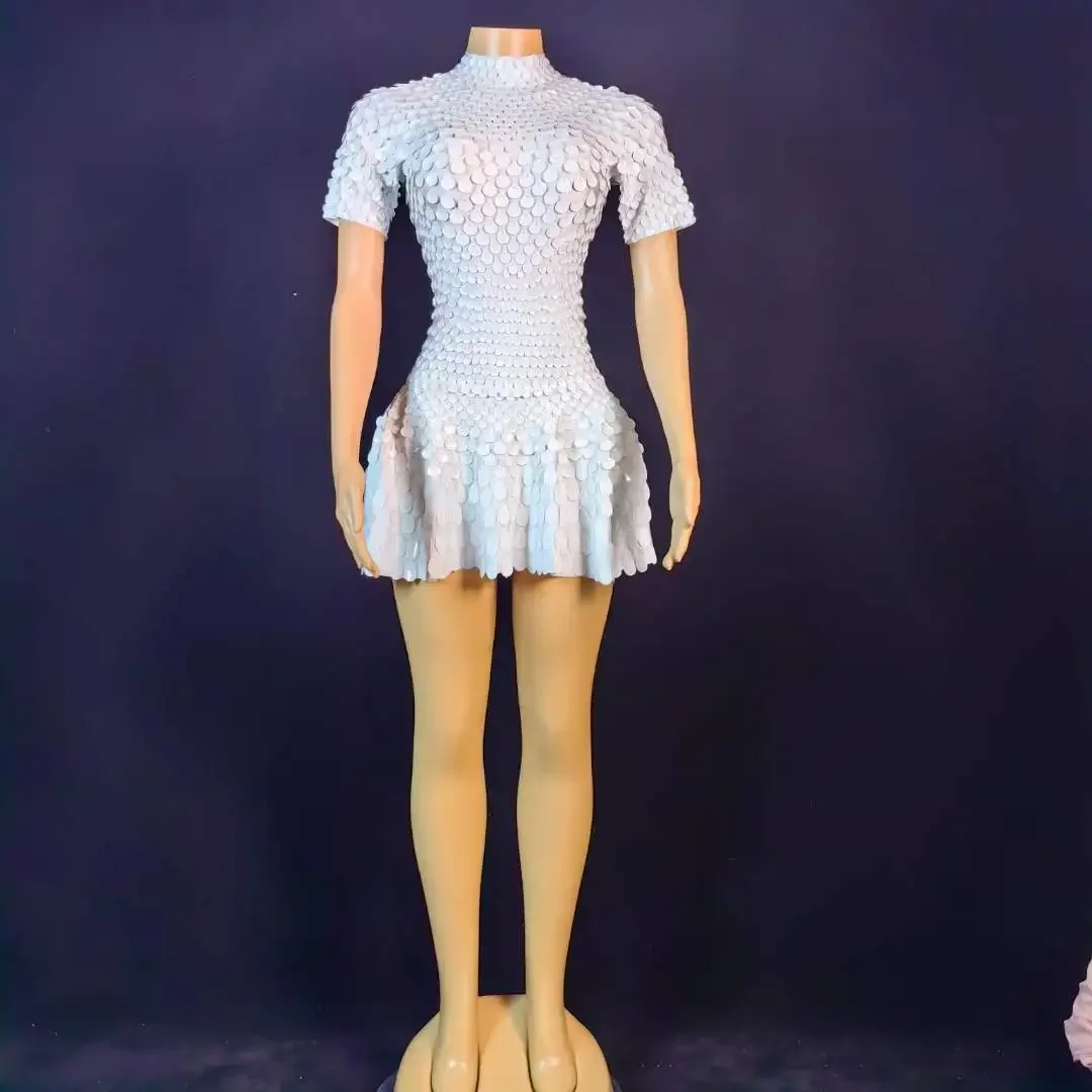 Vestido blanco de manga corta con lentejuelas para mujer, traje de cantante, bailarina, Drag Queen, fiesta de boda, cumpleaños, escenario, disfraz de DJ DS Gogo