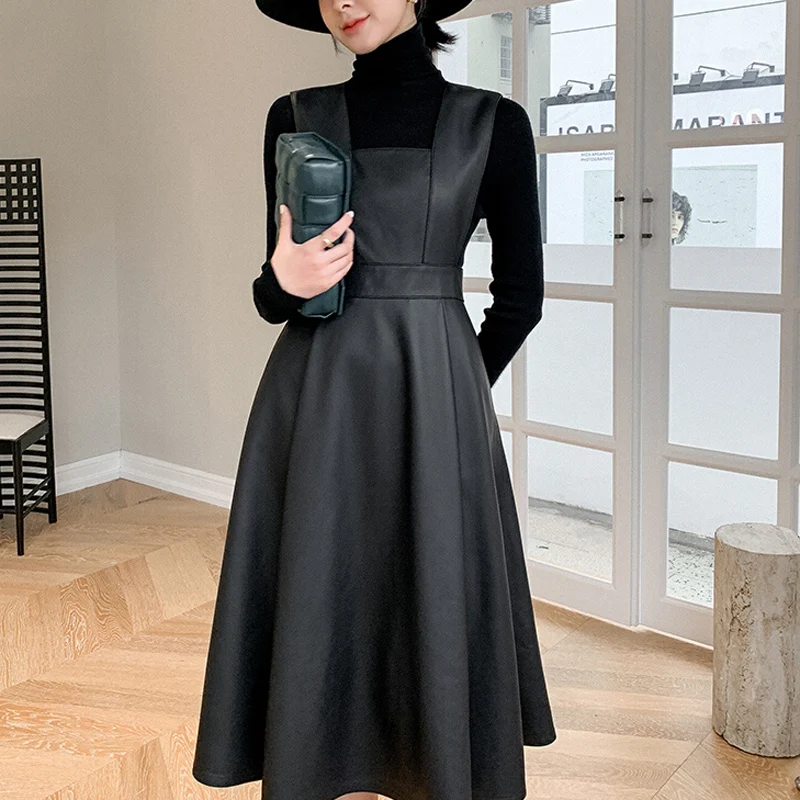 Dress Women 2024 French Hepburn Fashion Genuine Leather Sleeveless Slim Fit Long Skirt Mujer Black Elegantes Vestidos Robe Femme