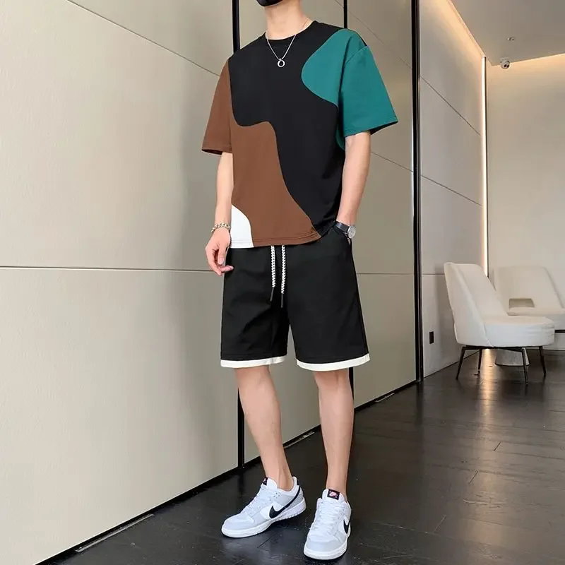 

Splicing Man Sets Casual Sports Baggy Kpop Cheap Clothes Cool Luxury Essential Outdoor Regular Fit T-shirts Shorts Suits for Men