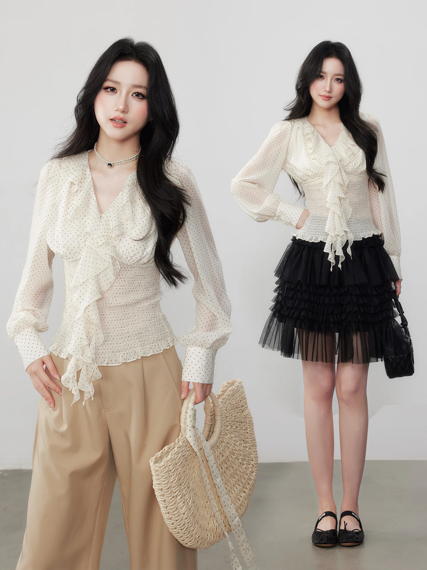 

Новая женская повседневная блузка из шифона в горошек с V-образным вырезом и длинным рукавом, приталенного кроя, из полиэстера, весенняя коллекция