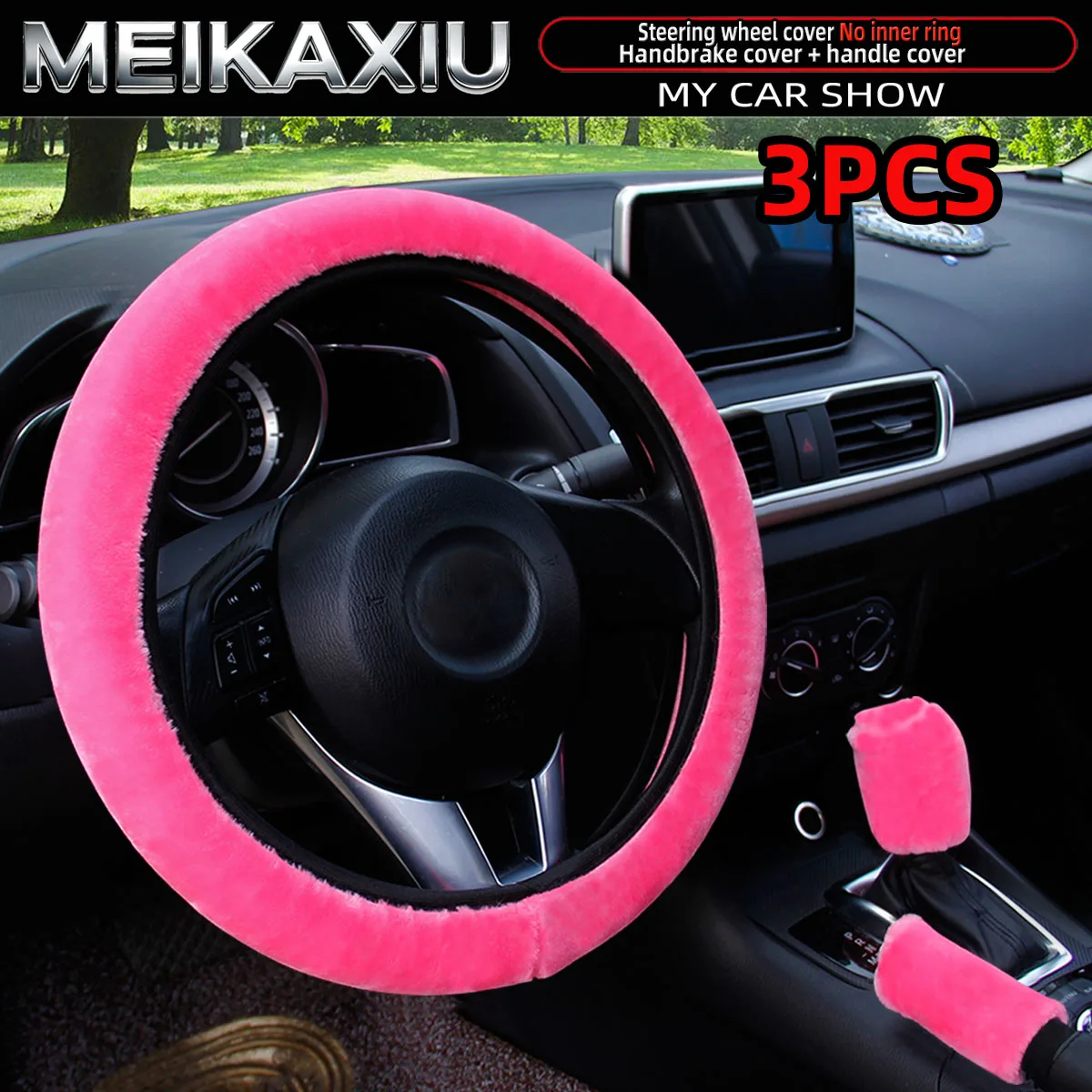 Warmes Winterauto aus schwarzem und rosa Plüsch ohne Innenring, Lenkradbezug, Handbremsabdeckung, Schalthebelabdeckung, Damenstil