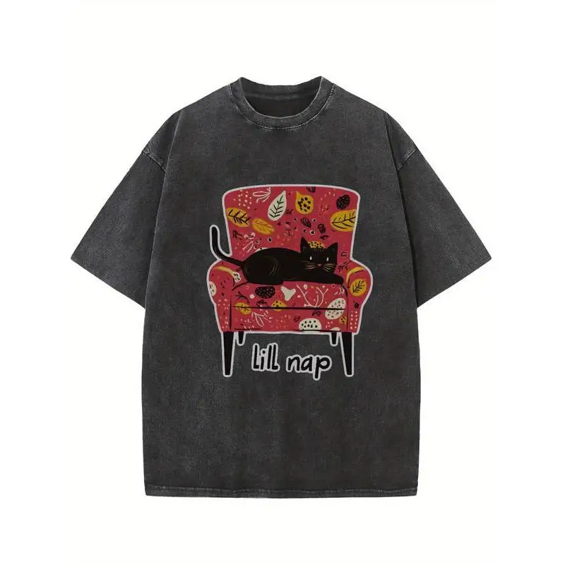 

Oversized Cat T-shirt for Women Cute Black Cat on Couch Print Tee Casual Streetwear Cotton Top Summer Gifts for Cat Lovers