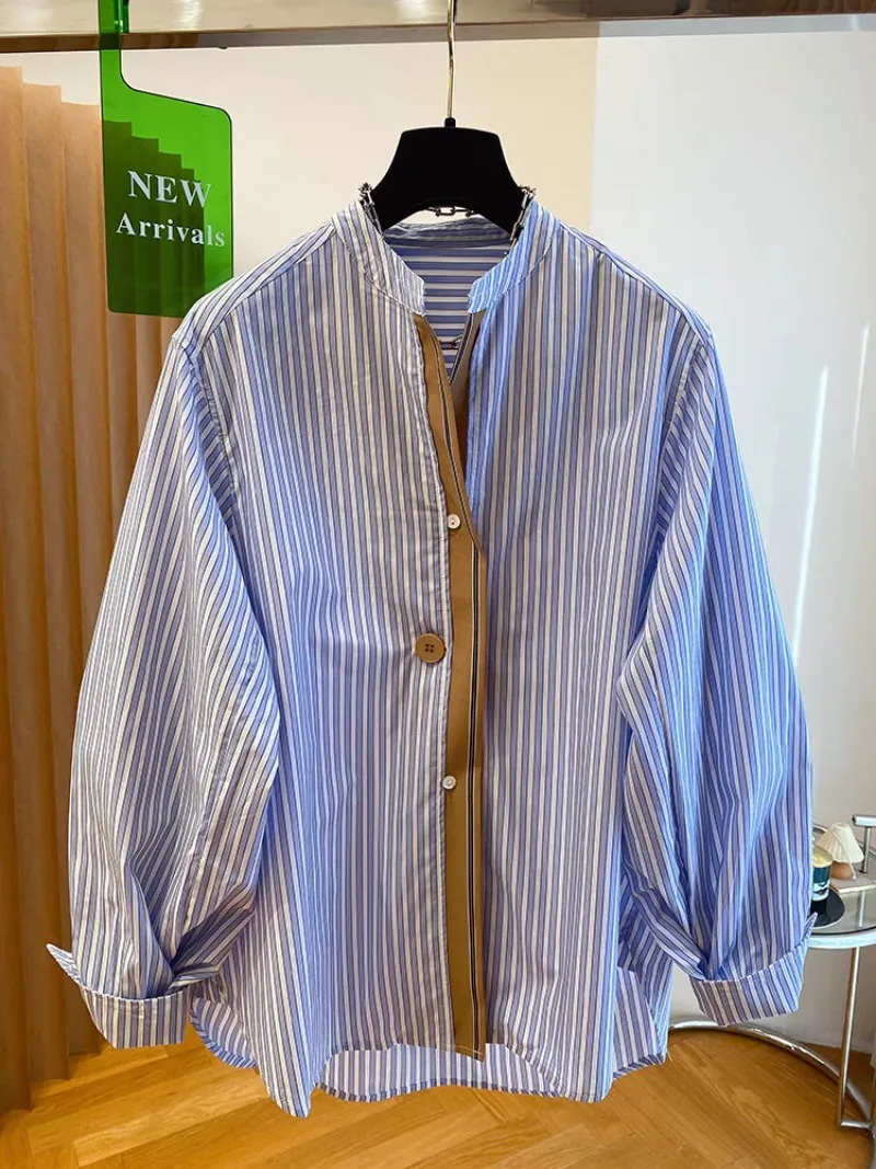 SuperAen Blue Striped Shirt Women's 2025 Spring New Loose Fashion New Design Long-sleeved Shirts view 2