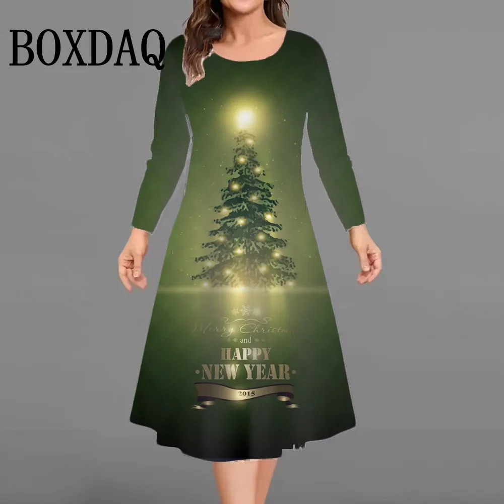 Christmas Tree Women Short Dresses Long Sleeve Festival Ladies Loose Plus Size Dress 3D Print Christmas Street Female Mini Dress