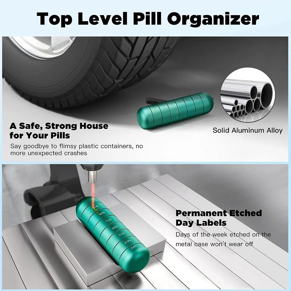 صندوق أدوية مقاوم للماء ، مغلق في الهواء الطلق ، سبائك الألومنيوم ، معدن قابل للفصل ، مقسم حبوب أسبوعية ، 7 أيام