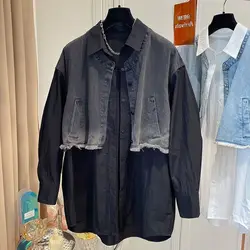 Niche Fake Two-piece Shirt Women New Casual Loose Vest Spliced denim Top Trendy