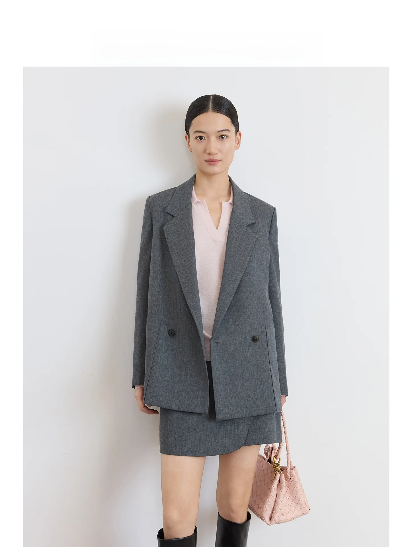 CEJIA Anzugrock-Set aus Merinowolle für Damen, tiefe Augen, Pendeln, SLE, Standpassform, vier Knöpfe, Manschette, echter Schlitz, lang, Sve