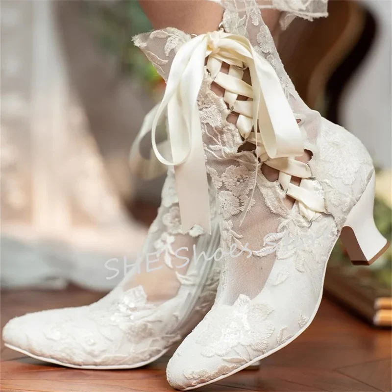 

Vintage Hollow Out Lace Embroidery Women Short Boots Wedding Bride Dress Shoes Butterfly Knot Lace-Up High Heel Lolita Boots