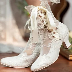 Vintage Hollow Out Lace Embroidery Women Short Boots Wedding Bride Dress Shoes Butterfly Knot Lace-Up High Heel Lolita Boots