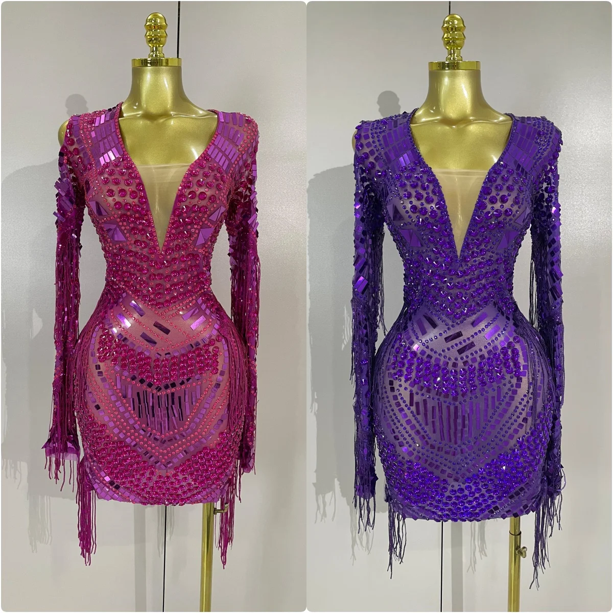 

New Sparkly Diamonds Sequin Tassels Sexy Mesh Short Dress Women Evening Party Celebrate Birthday Nightclub Show Photo Shoot Wear