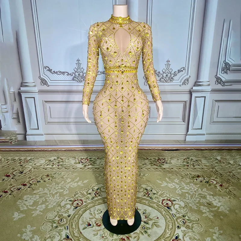 

Women Sexy Gold Long Sleeve Half High Neck Mesh Rhinestone Long Dress Perspective Stage Performance Costume Party Dress