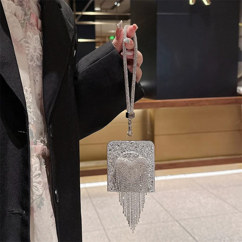 الماس شرابة القلب حامل المغناطيسي قضية الهاتف لسامسونج غالاكسي Z فليب 7 6 5 4 3 Flip6 Flip7 غطاء مع سلسلة ل Magsafe كابا