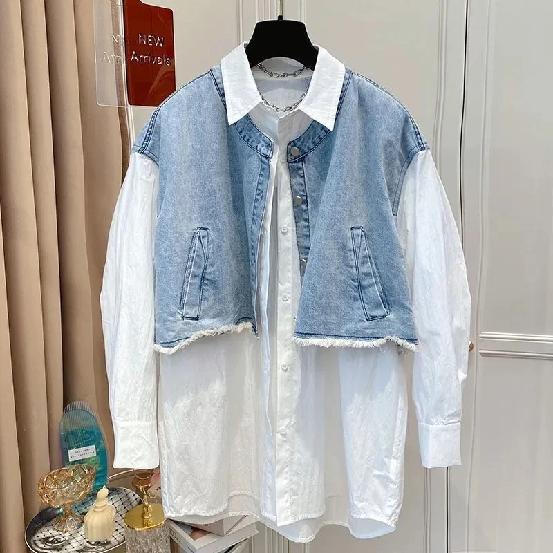 Cowboy Vest Fake Two Shirts Women 2024 New Spring Summer Autumn Clothing Mid-Length Loose Casual Shirt Jacket Female Tops 4XL