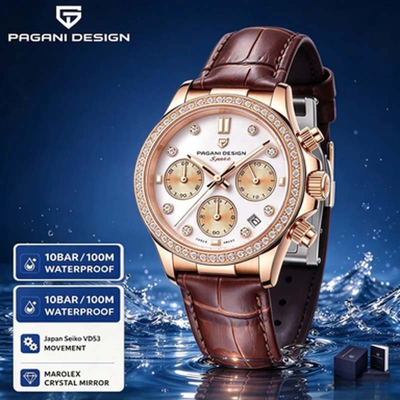Rose Gold PAGANI DESIGN Women's Chronograph Watch Sapphire Glass Stainless Steel Elegant Sports Female Wrist Clock
