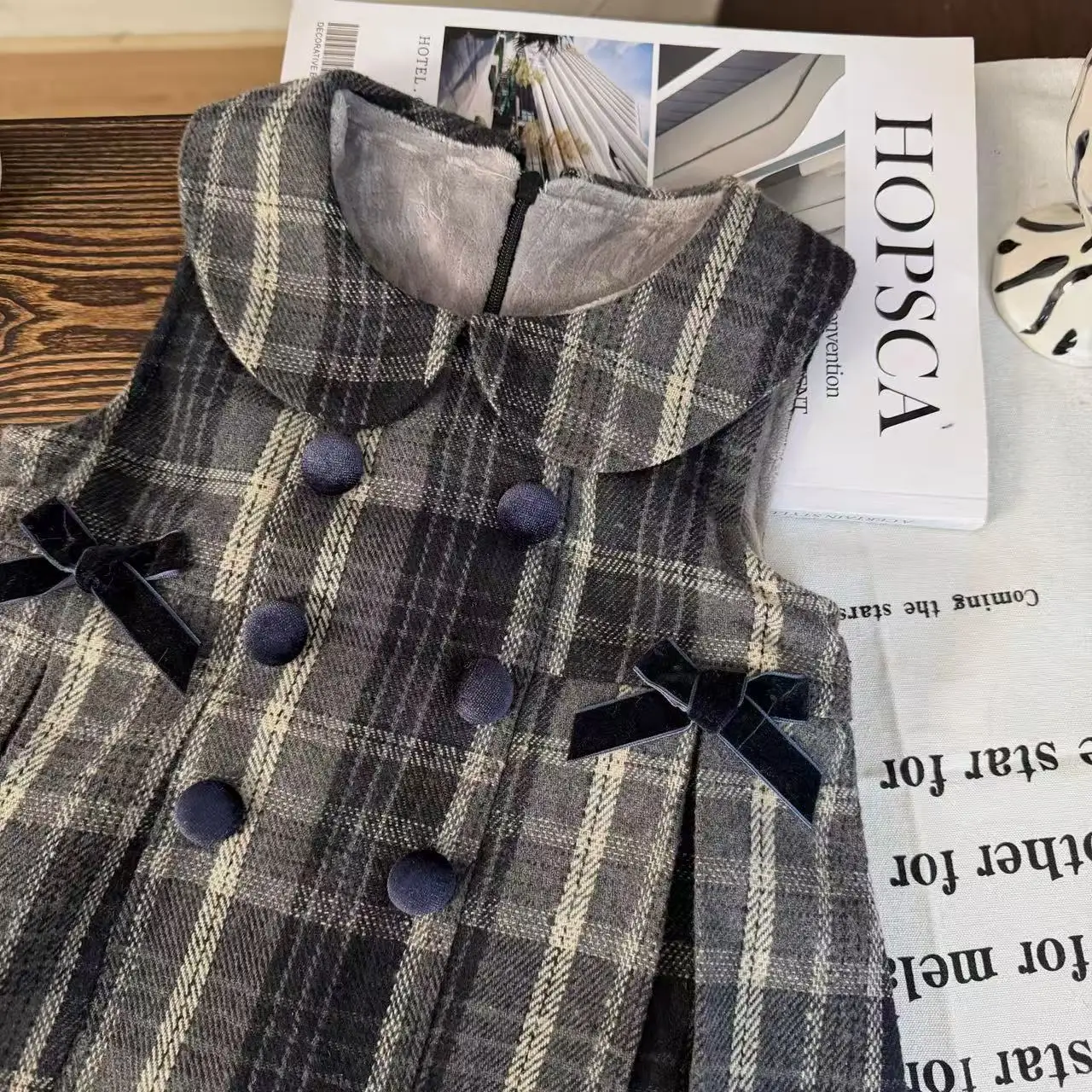 Korean Children's Clothing 2025 New Spring Autumn and Winter Girls' Vest Skirt Doll Collar, Checkered Bow and Velvet Dress