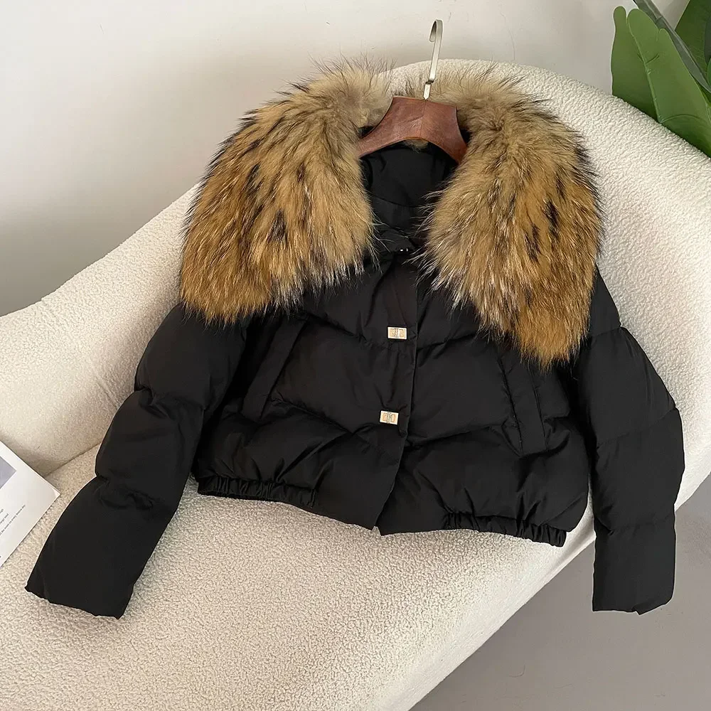 2024 New European Fashion White Duck Down Winter Coat Women Real Raccoon Fur Jacket Female Warm Down Jacket for Winter Autumn