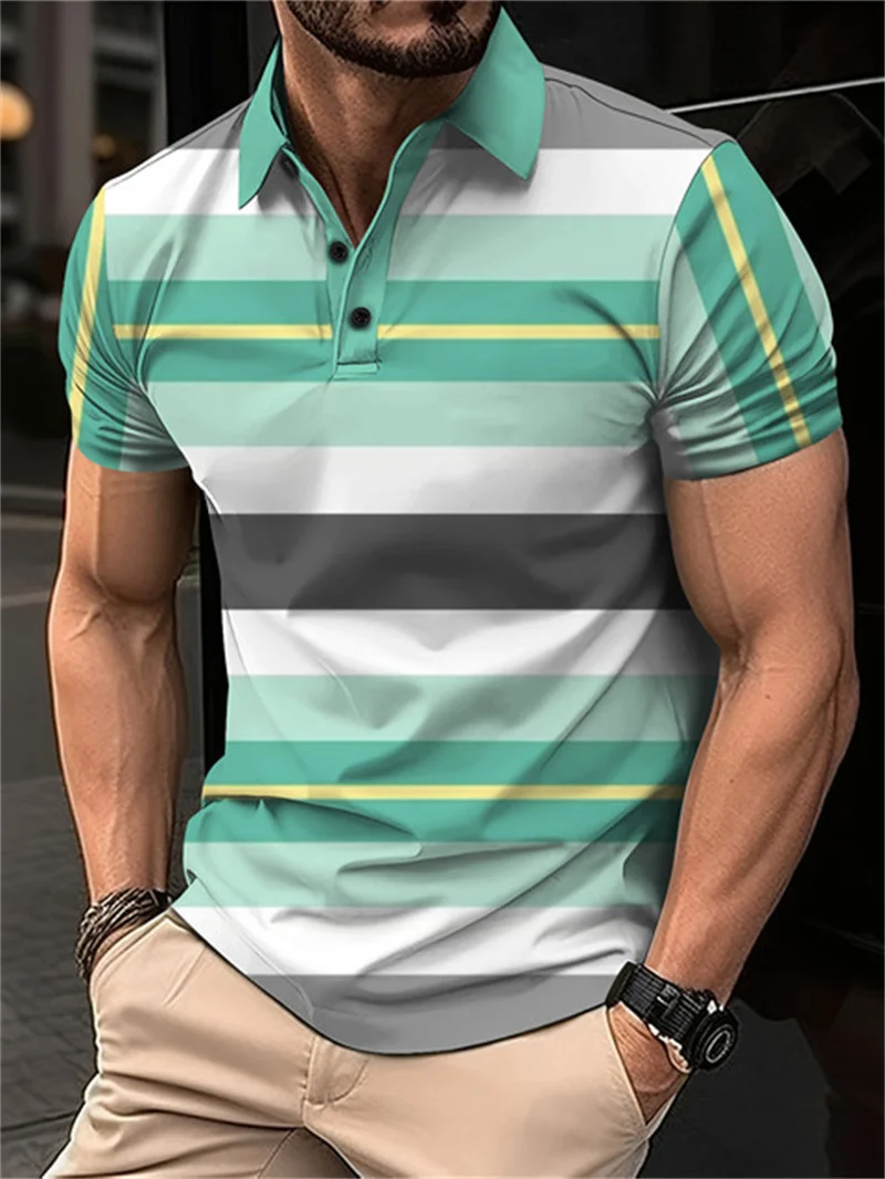 2024 New Men's Summer Short Clothes Sleeved Lapel 3D Digital Printed Striped Polo Shirt Men's Business Casual Top Clothes