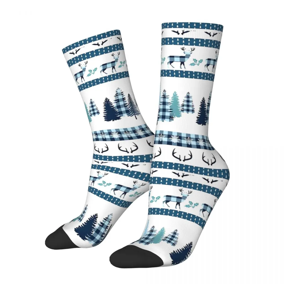 Blue Plaid Large Stripe Deer And Pine Forest Socks Men Women Christmas Socks Spring Summer Autumn Winter Middle Tube Socks Gift