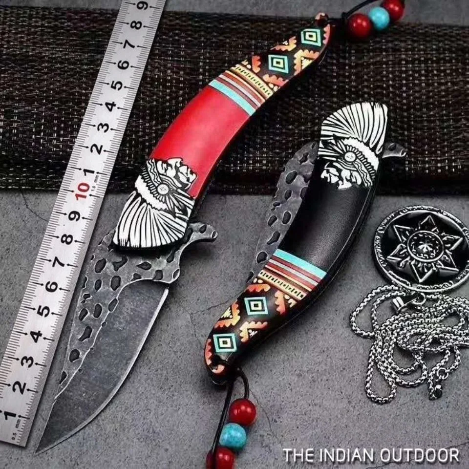 Outdoor retro art folding knife, high hardness outdoor survival knife, Indian retro art folding knife, multi-purpose fruit knife