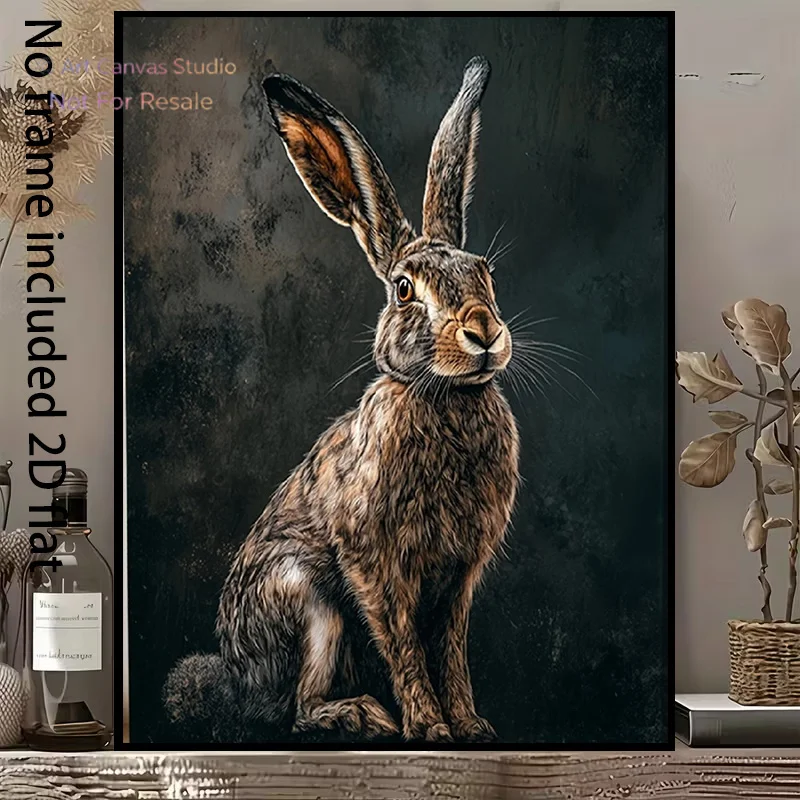 2D Flat, 2D Flat, A 2D Flat Canvas Painting of a Lifelike Wild Rabbit Against a Deep Background, Showcasing The Beauty of Nat