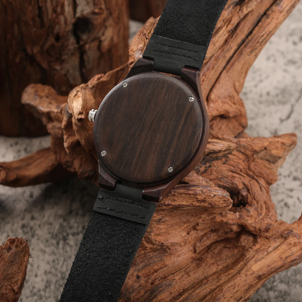 Montre-bracelet en cuir véritable pour homme, punk, vintage, excavatrice, bois d'onyx, quartz, noir, boîtier en bois unique, montres pour homme